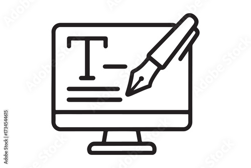 Computer screen displaying text editing with a fountain pen icon isolated on white background