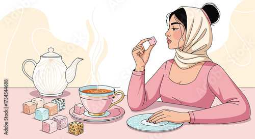Elegant woman enjoying a moment of relaxation with tea and Turkish delight sweets a delightful