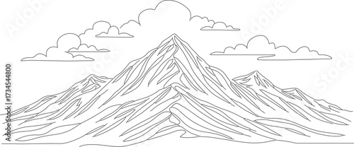 Outline Artistic Mountain Range Peaks with Clouds Illustration on White Background