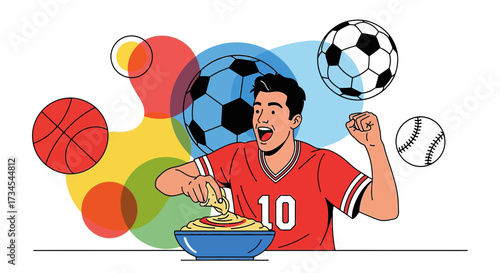 Enthusiastic sports fan celebrating victory while enjoying snacks during the game colorful