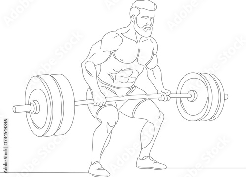 Linear Illustration Muscular Man Doing Deadlift Weightlifting Sport Exercise