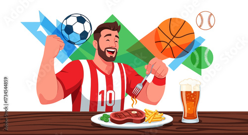 Enthusiastic sports fan celebrating victory with steak fries and beer with sports balls
