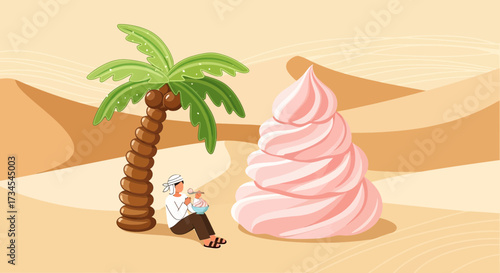 Fantasy desert oasis with a man eating ice cream near a giant sweet treat landscape