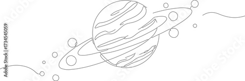 Minimalist Outline Planet Saturn with Rings and Moon Icon Design