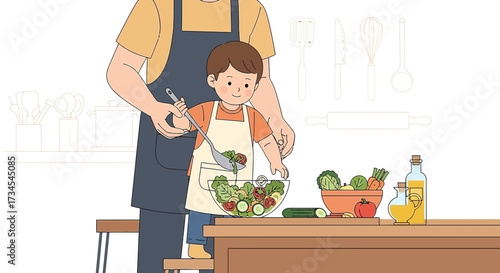 Father and son preparing a fresh and healthy salad together in the kitchen cheerfully