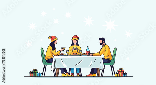 Festive Family Dinner Gathering During the Winter Holidays Illustration Scene