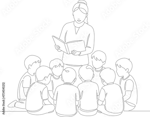 Minimalist Line Art Teacher Reading a Book to Kids Illustration