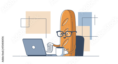 Funny Baguette Cartoon Character Working on Laptop with Coffee and Documents Creative Design
