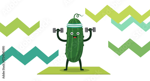 Funny vector cartoon of a pickle exercising with dumbbells and modern background, promoting