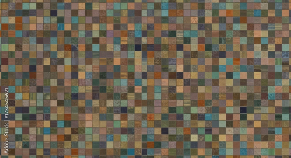 Fototapeta premium Abstract mosaic geometric pattern small square tiles vibrant mixed colors intricate. 