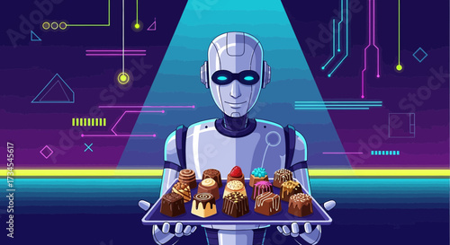 Futuristic dessert delivery with friendly robot presenting tray of delicious treats