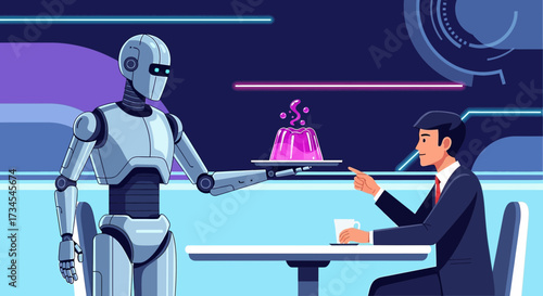 Futuristic dining: Robot waiter serves a businessman a dessert in a modern setting creating an