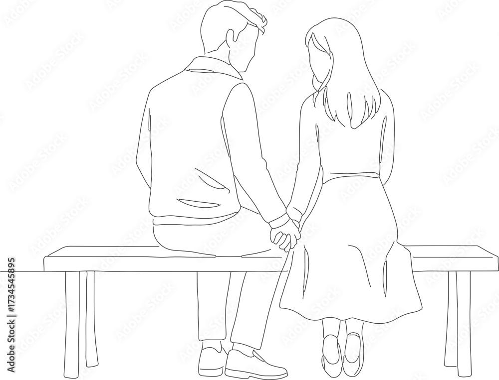 Obraz premium Minimalist Line Art Couple Sitting on Bench Holding Hands Illustration
