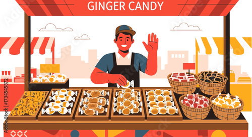 Ginger Candy Stall at a market fair with vendors and selection of sweets treats