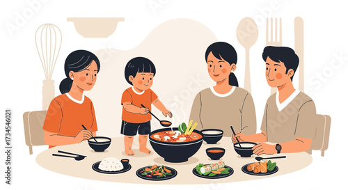 Happy Asian Family Enjoying a Meal Together at the Table in a Warm and Inviting Setting