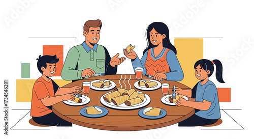 Happy family enjoying a traditional meal together around a wooden table illustration