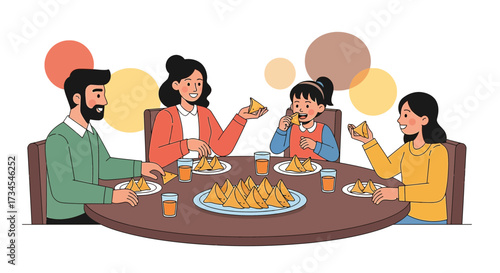 Happy family enjoys samosas and drinks together at home during a casual gathering and good time