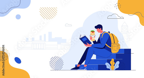 Illustrated student reading a book and eating snack outdoors in the city background