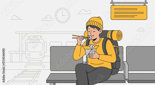 Illustrated traveler enjoying meal at train station while waiting for transportation