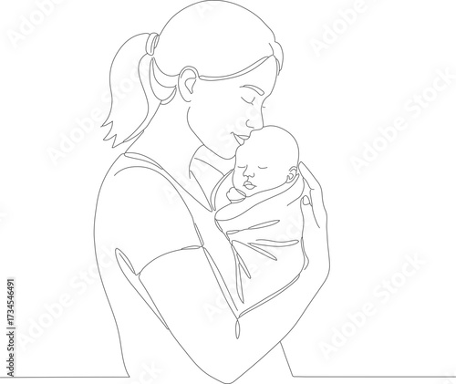 Minimalist Line Art Mother Holding Newborn Baby Infant Illustration