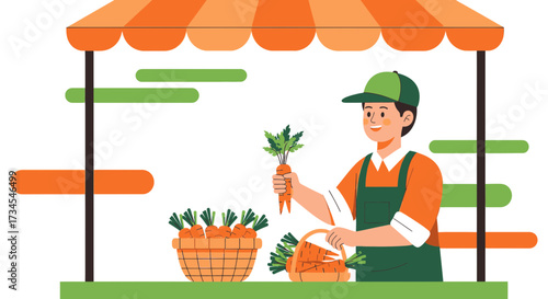 Illustration depicting a farmer at a market stall selling fresh organic carrots to customers