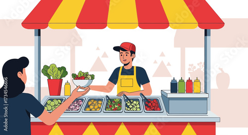 Illustration depicting a salad stand with a vendor serving a customer with fresh ingredients