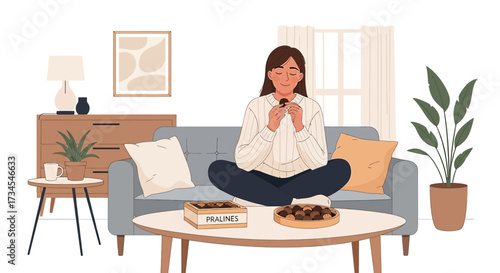 Illustration depicting a woman enjoying pralines in a cozy living room setting with soft lighting