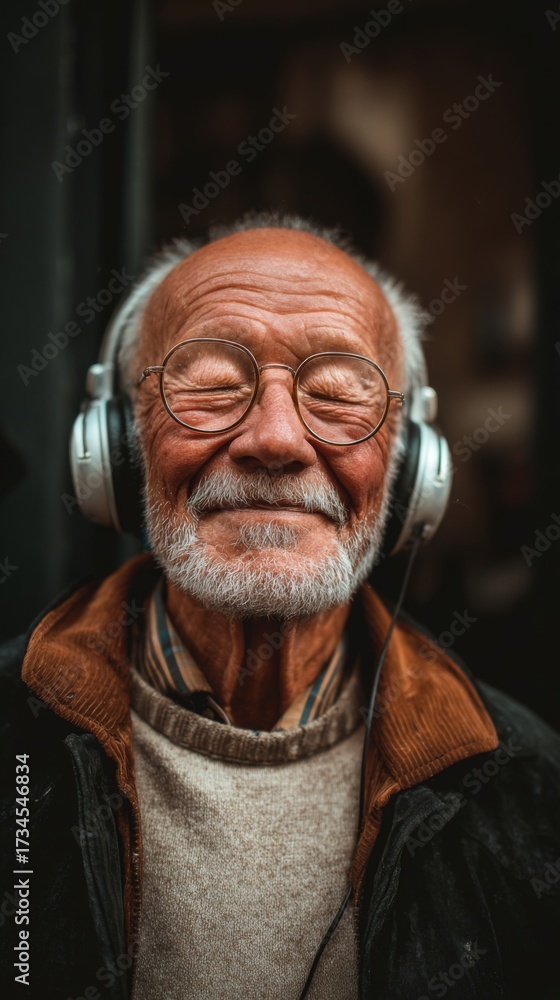 Fototapeta premium Elderly Man with Headphones Enjoying a Podcast in Urban Setting