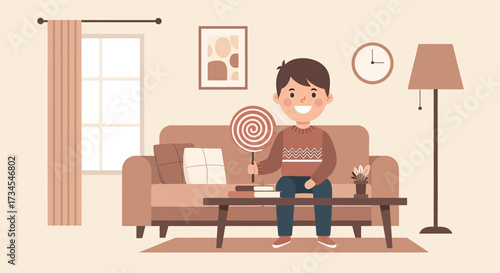 Illustration of a cheerful boy with a lollipop sitting on a sofa in a cozy living room