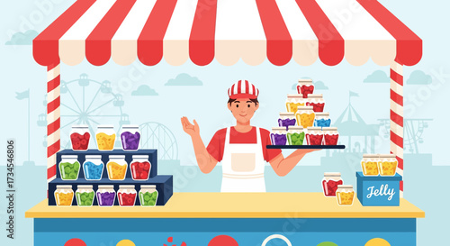 Illustration of a cheerful jelly vendor at an amusement park with various flavors on display