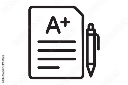 A plus grade on a test paper with a pen next to it isolated on white background
