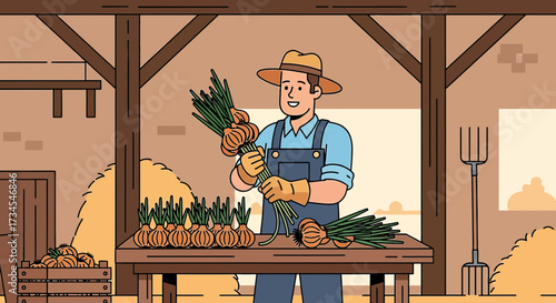 Illustration of a cheerful farmer harvesting fresh onions in a rustic barn setting ready for market