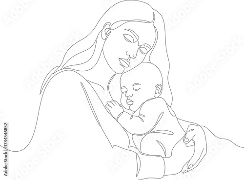 Minimalist Dotted Line Drawing Mother Holding Baby Illustration Design
