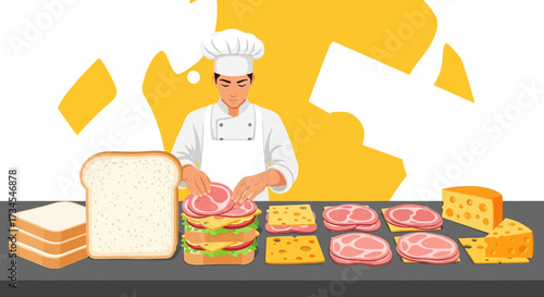 Illustration of a chef preparing a delicious sandwich with fresh ingredients and care