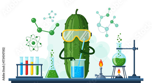 Illustration of a cucumber scientist experimenting with chemicals in a laboratory setting