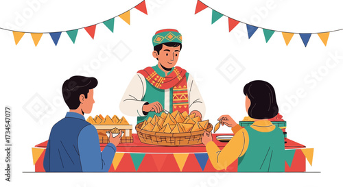 Illustration of a cultural food vendor serving samosas at a festive event with decorations and