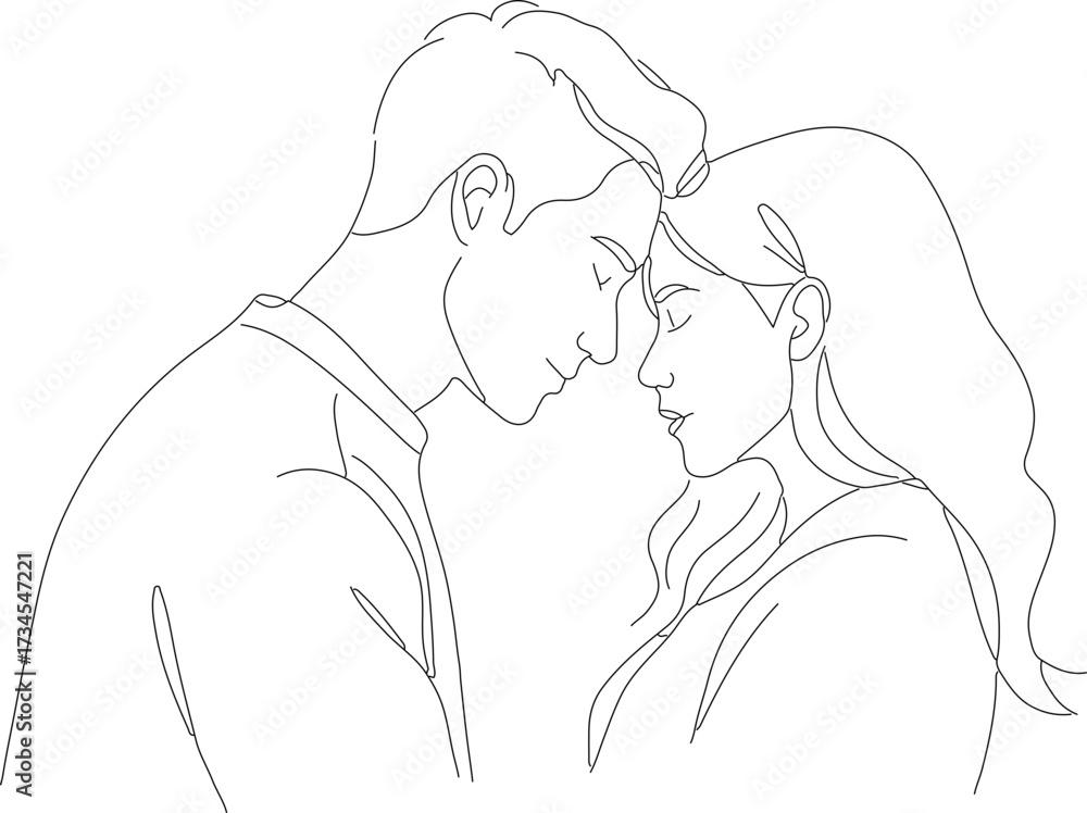 Fototapeta premium Minimalist Line Art Couple in Love Touching Foreheads Illustration