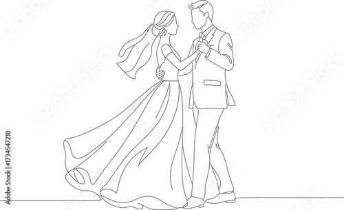 Elegant One Line Drawing Wedding Couple Dancing Romantic Moment Illustration