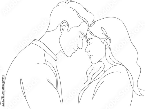 Minimalist Line Art Couple in Love Touching Foreheads Illustration