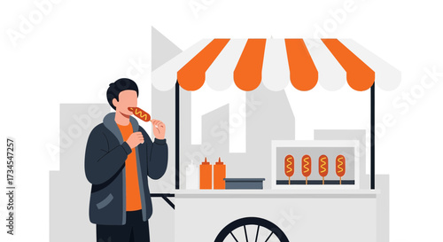 Illustration of a Man Enjoying a Corn Dog from a Street Food Cart with Orange Details