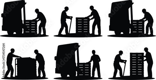 Silhouettes of workers loading pallets with forklift and pallet jack, warehouse logistics team, unloading cargo, transport and shipping labor illustration in construction industry