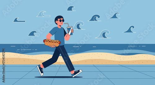 Illustration of a man enjoying a day at the beach with food and drink illustration