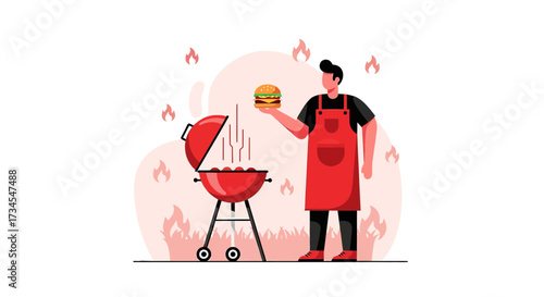 Illustration of a man grilling burgers on a barbecue with flames background design concept