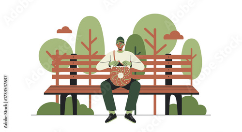 Illustration of a man knitting on a park bench surrounded by green trees and bushes representing a