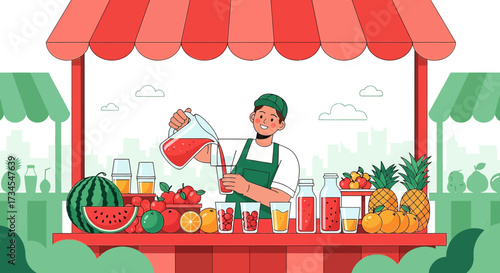 Illustration of a man pouring juice at a fruit stand with vibrant colors and detailed design