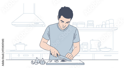 Illustration of a man preparing food in a kitchen with minimalistic design elements