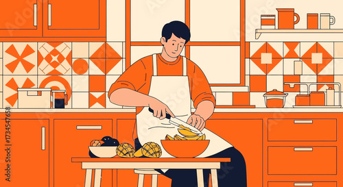Illustration of a man in an orange kitchen preparing a meal with mangoes and other fruits