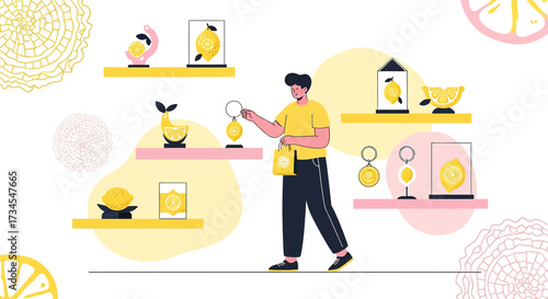 Illustration of a man shopping for unique lemon-themed souvenirs and decorations in a store