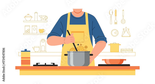 Illustration of a person cooking in the kitchen, wearing an apron and stirring a pot in a kitchen