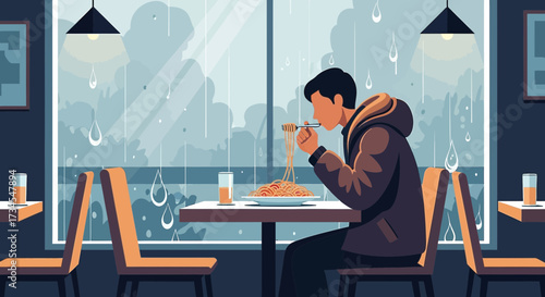 Illustration of a person eating spaghetti at a restaurant on a rainy day conveying coziness